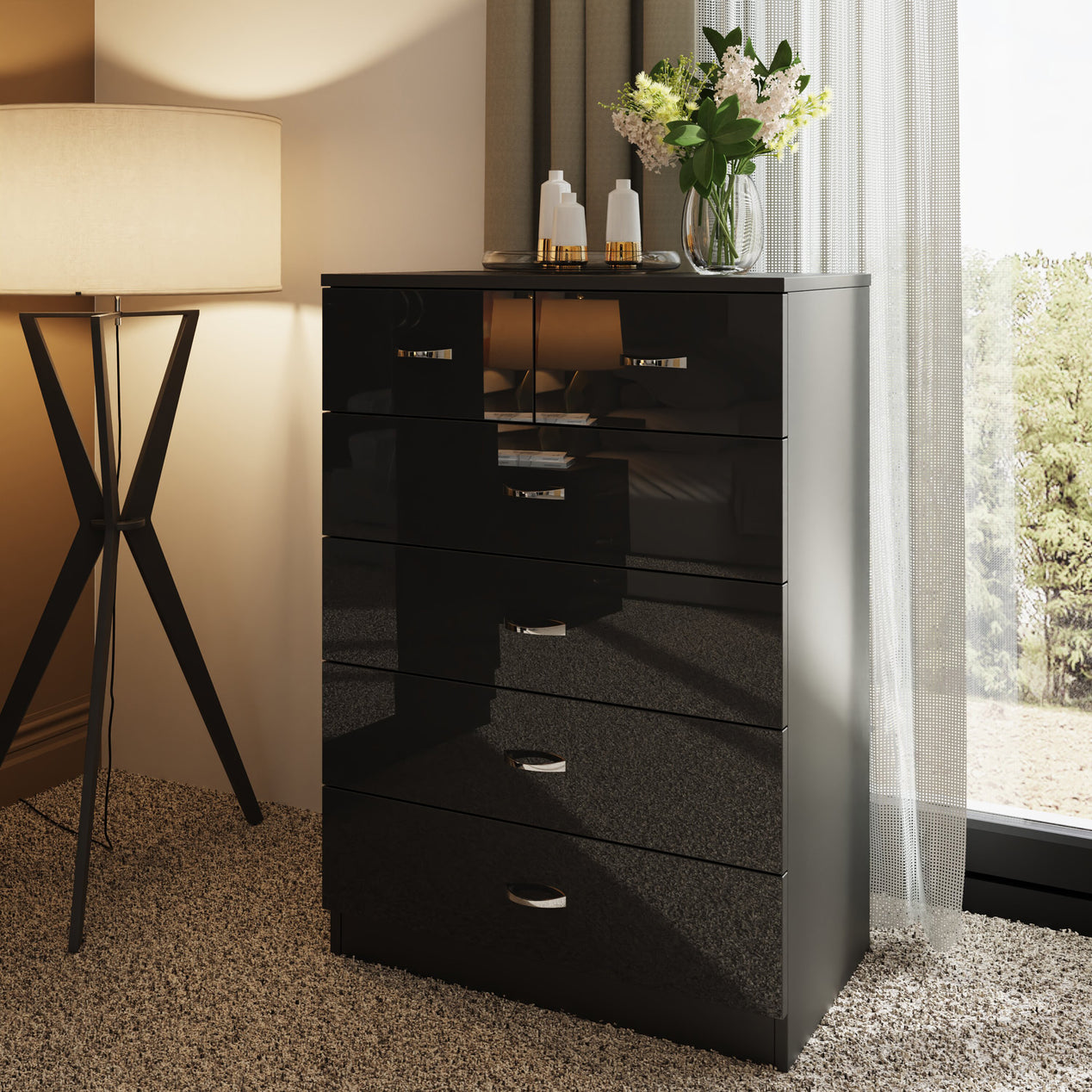 FWStyle Chilton 6 Drawer Chest Of Drawers - Black Gloss Front