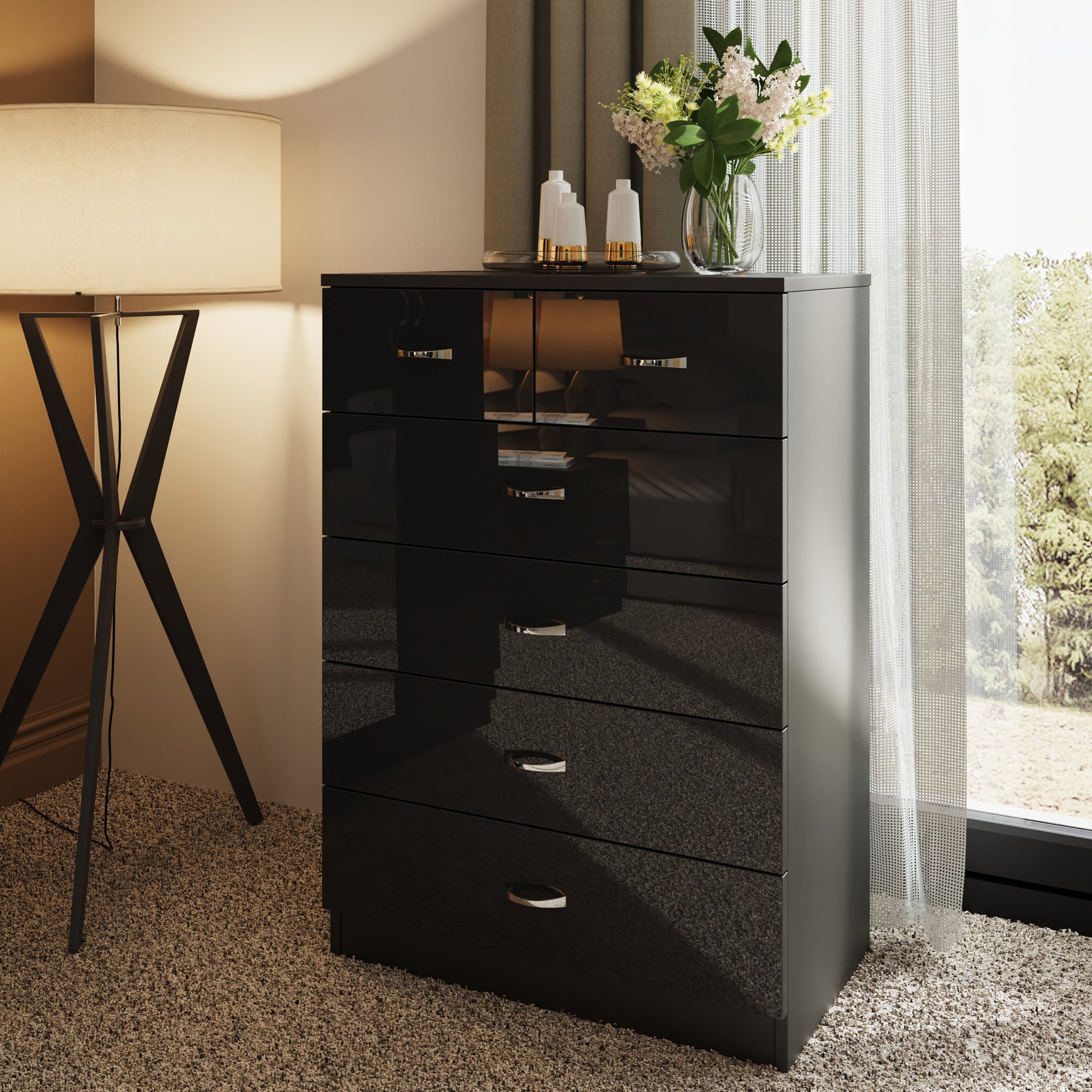 FWStyle Chilton 6 Drawer Chest Of Drawers - Black Gloss Front