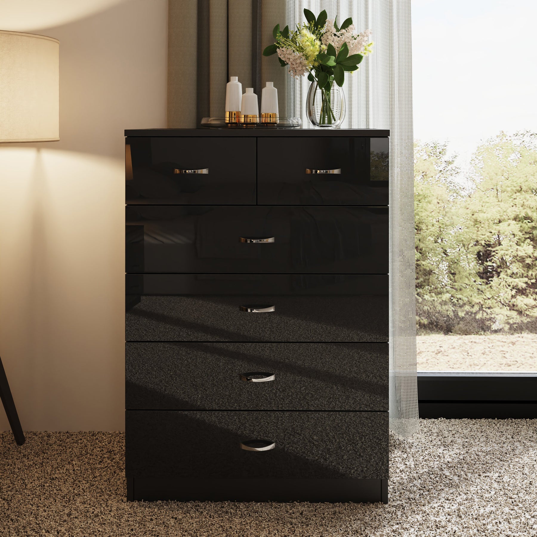 FWStyle Chilton 6 Drawer Chest Of Drawers - Black Gloss Front
