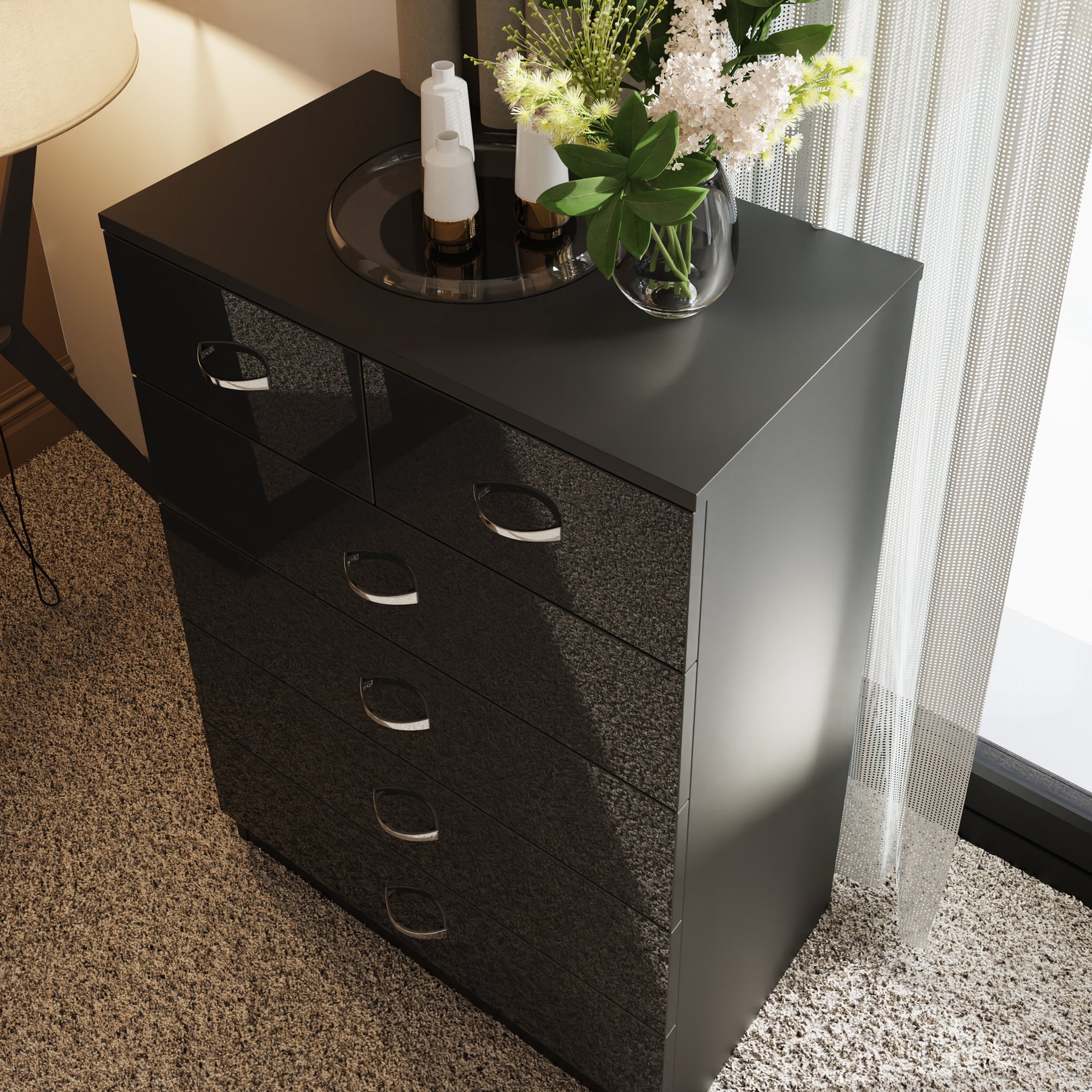 FWStyle Chilton 6 Drawer Chest Of Drawers - Black Gloss Front