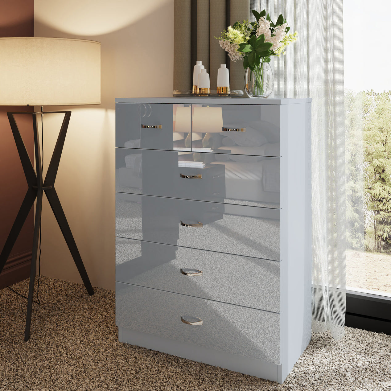 FWStyle Chilton 6 Drawer Chest Of Drawers - Grey Gloss Front