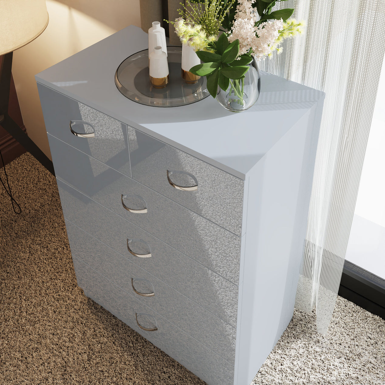 FWStyle Chilton 6 Drawer Chest Of Drawers - Grey Gloss Front