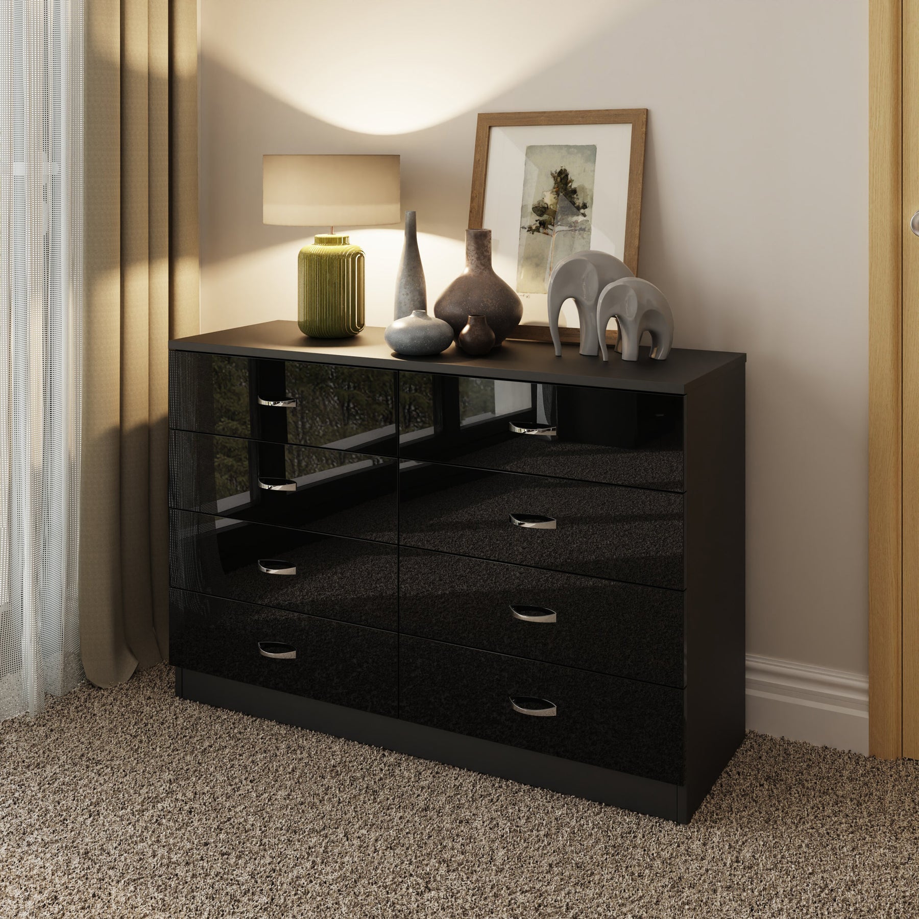 FWStyle Chilton 8 Drawer Chest Of Drawers - Black Gloss Front