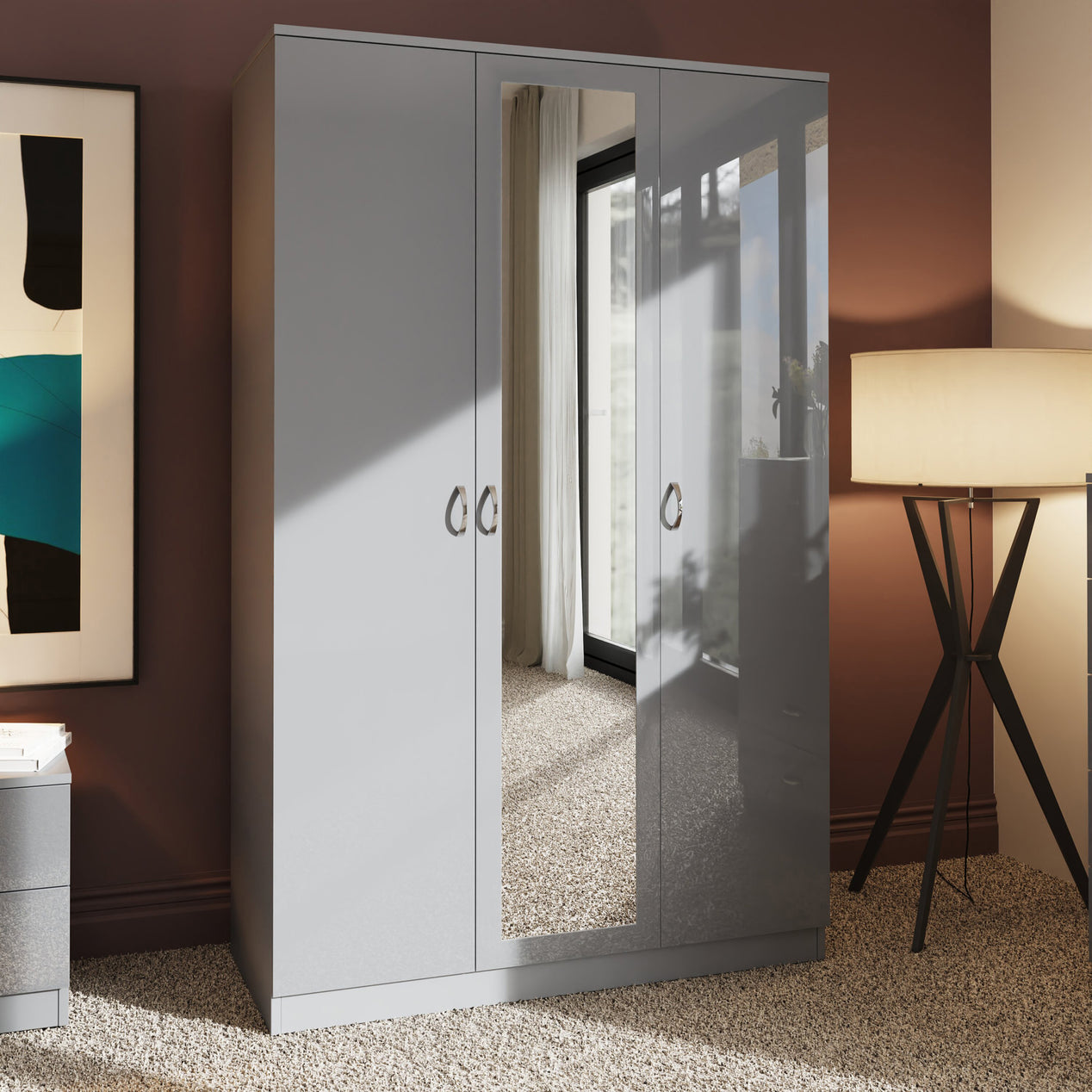 FWStyle Chilton 3 Door Wardrobe With Mirror - Grey Gloss Front