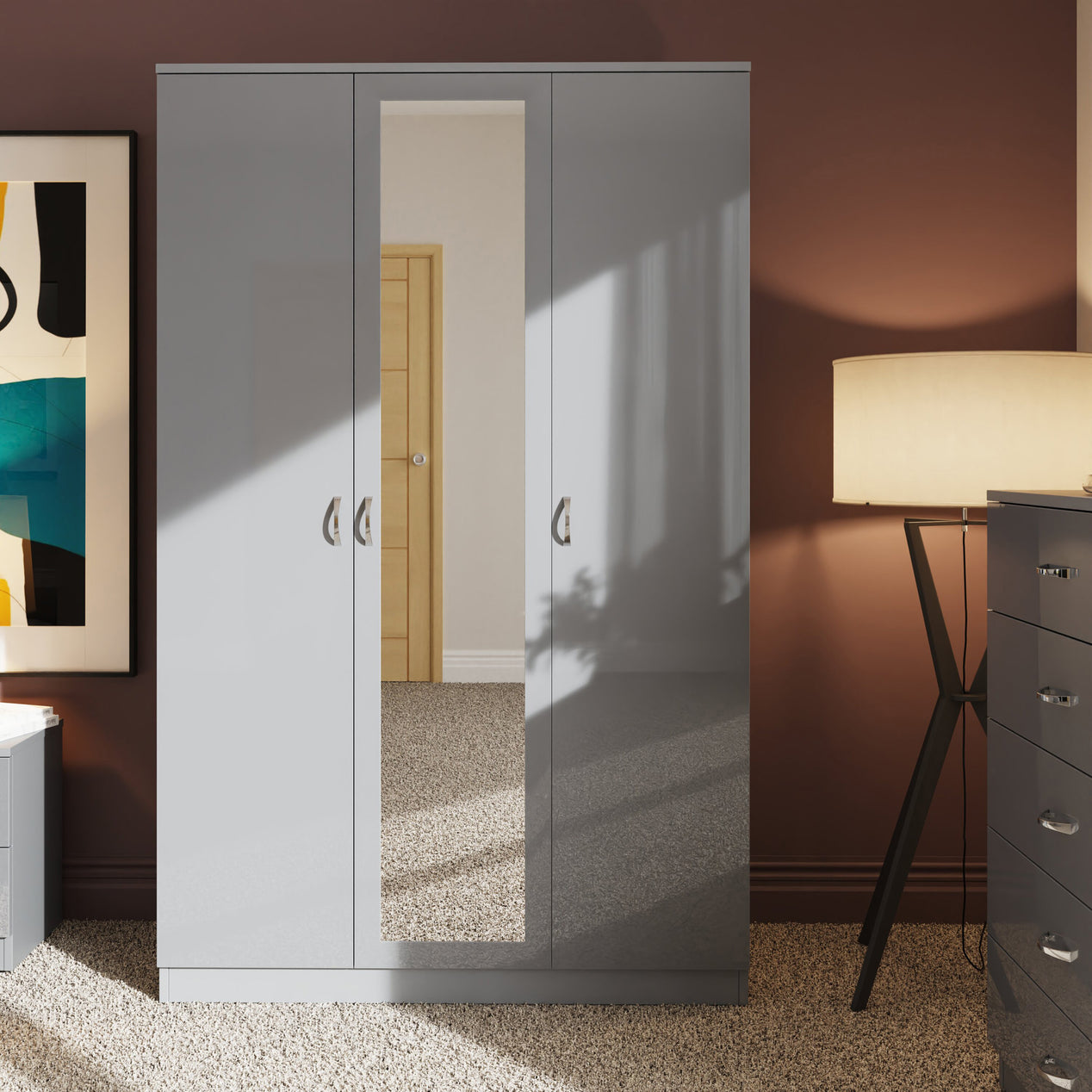 FWStyle Chilton 3 Door Wardrobe With Mirror - Grey Gloss Front