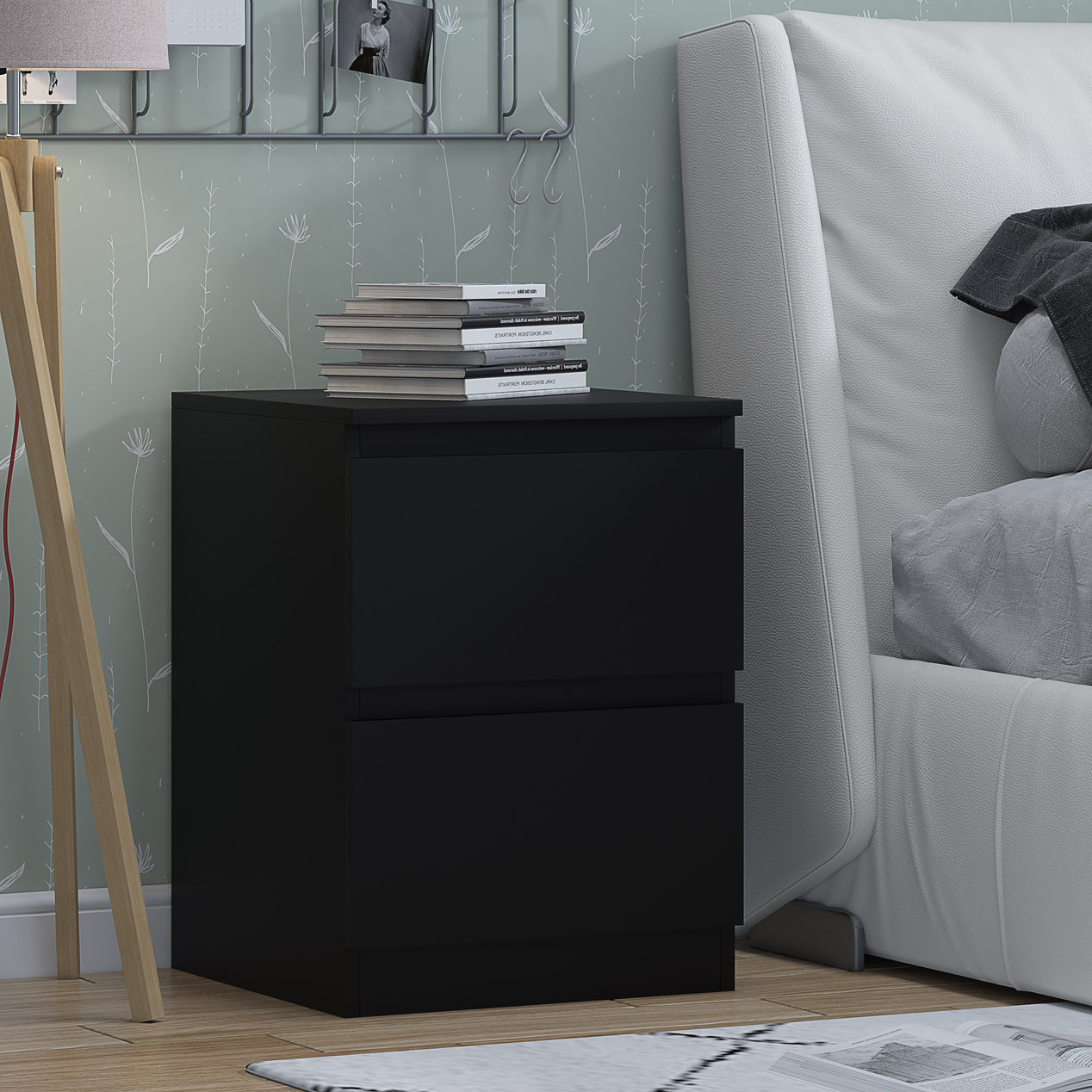 FWStyle Carlton 2 Drawer Bedside Nightstand - Matt Black