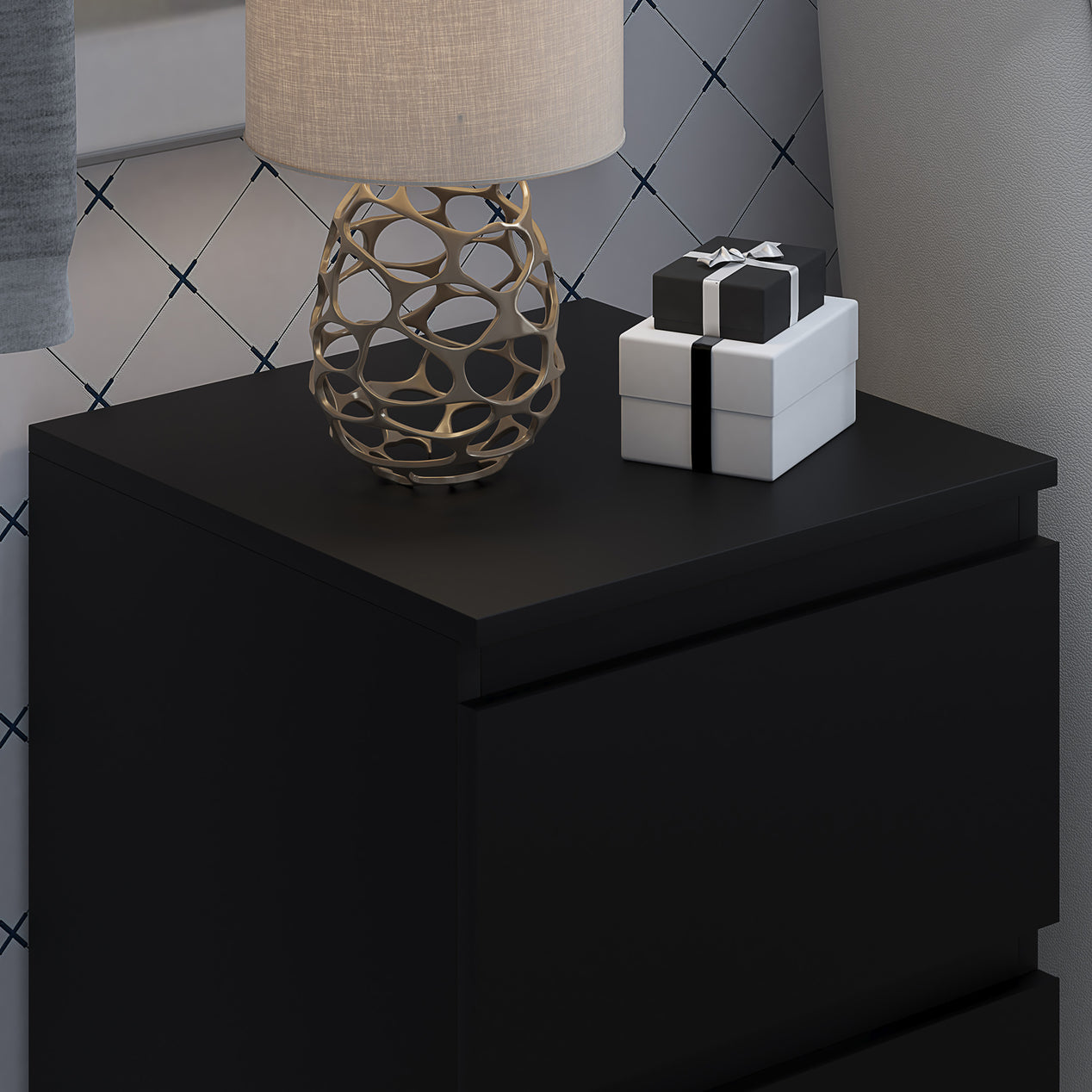 FWStyle Carlton 2 Drawer Bedside Nightstand - Matt Black