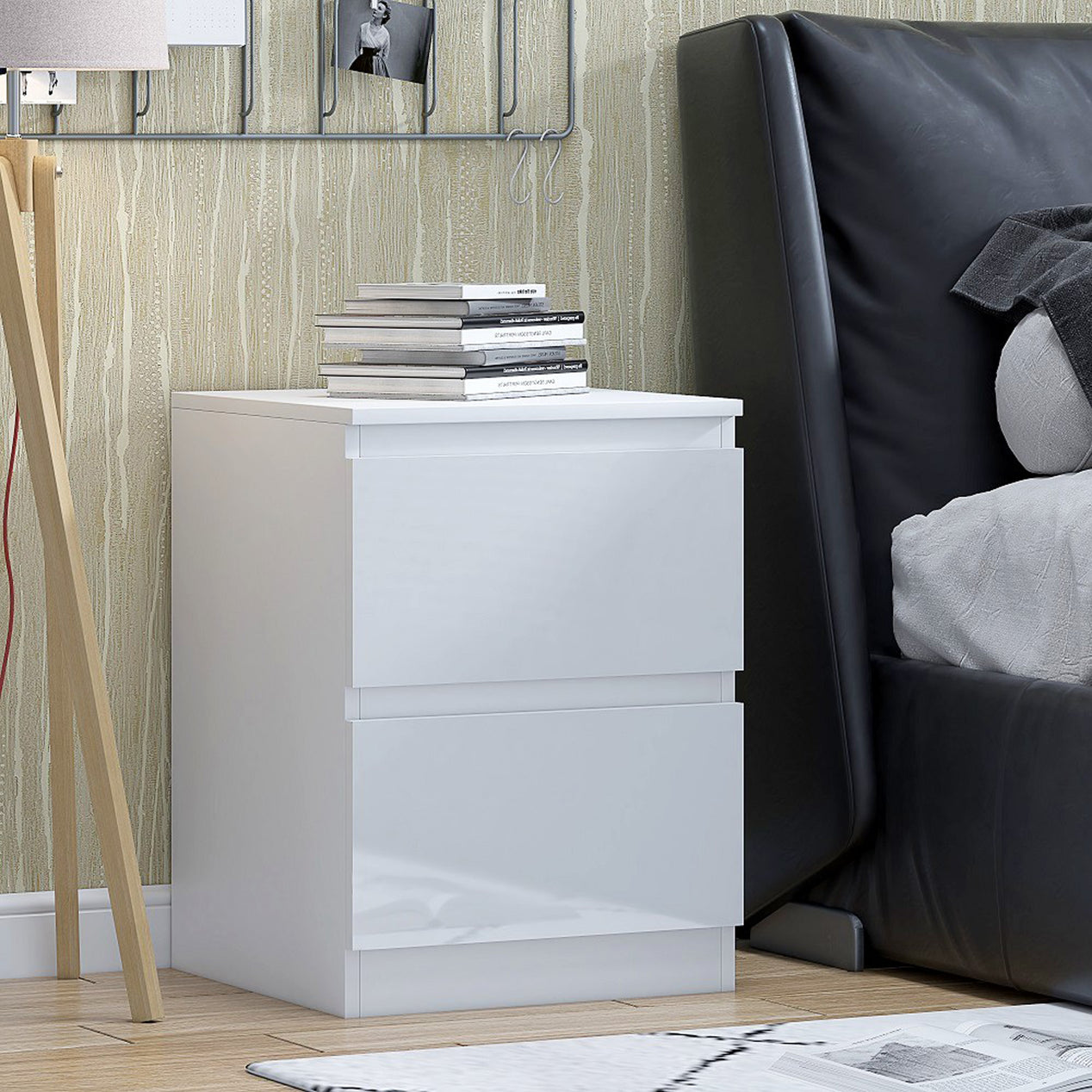 FWStyle Carlton 2 Drawer Bedside Nightstand - White Gloss Front