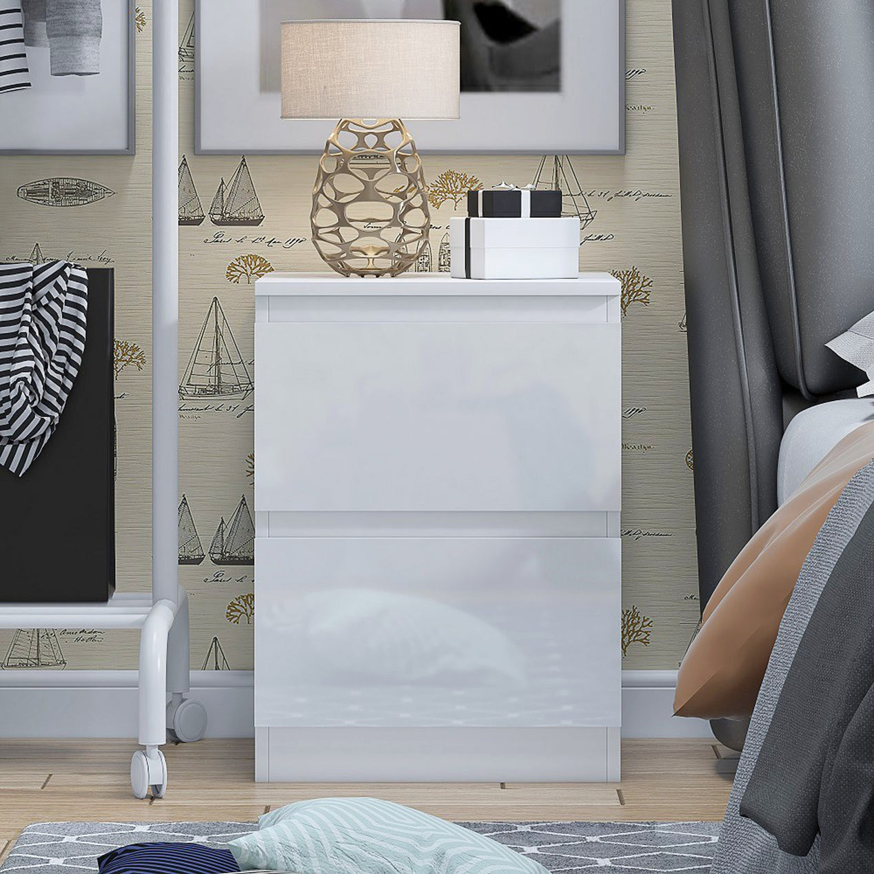 FWStyle Carlton 2 Drawer Bedside Nightstand - White Gloss Front