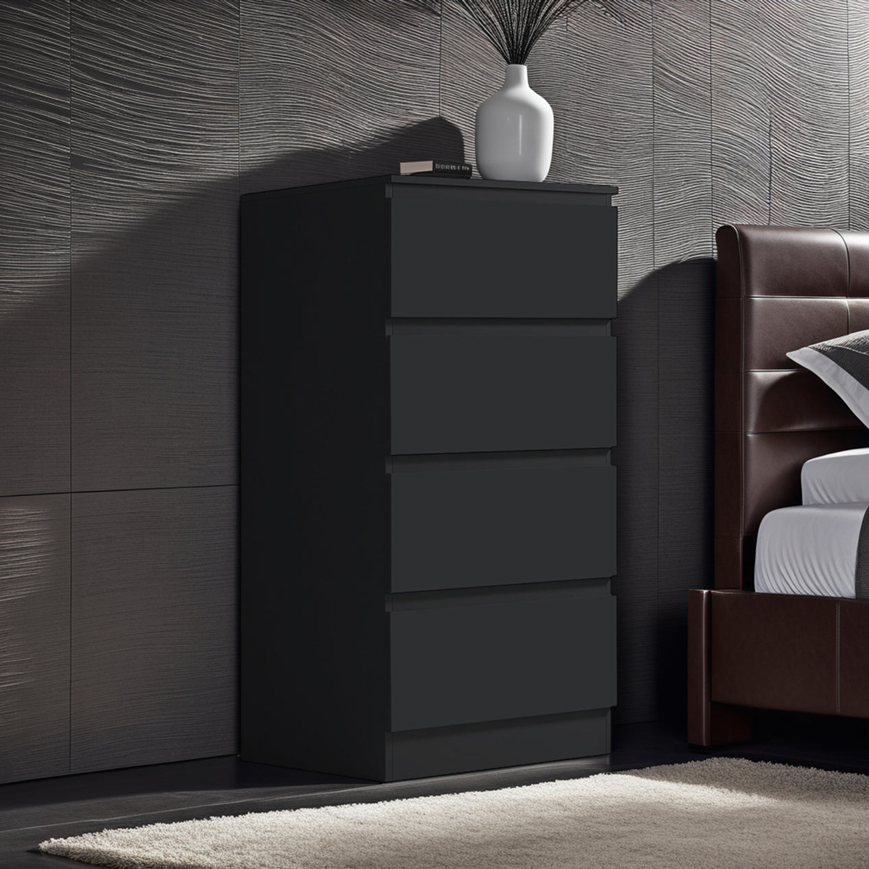 FWStyle Carlton 4 Drawer Slim Tallboy Chest of Drawers Matt Black