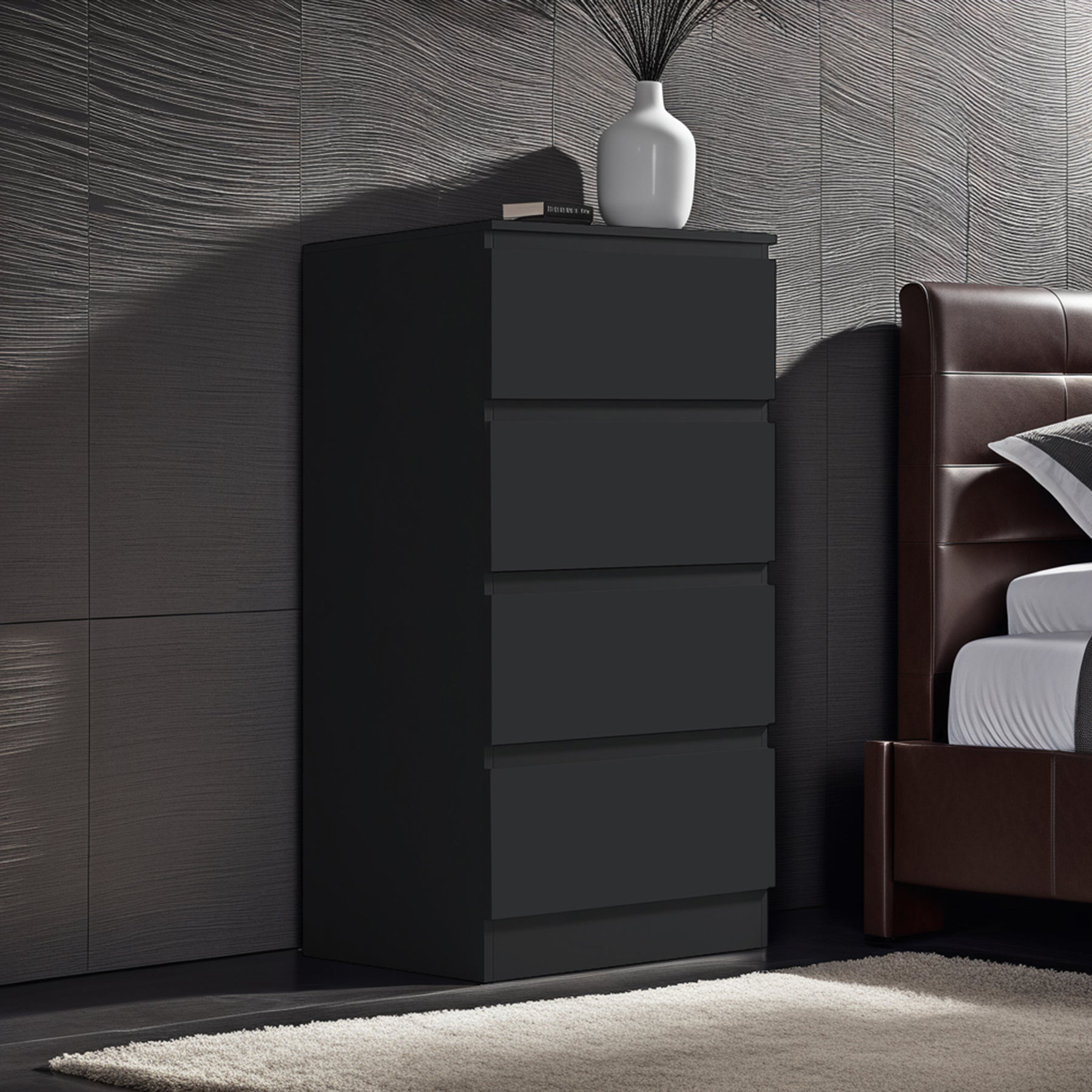 FWStyle Carlton 4 Drawer Slim Tallboy Chest of Drawers Matt Black