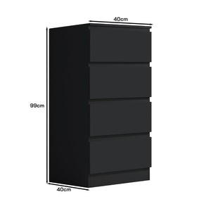 FWStyle Carlton 4 Drawer Slim Tallboy Chest of Drawers Matt Black