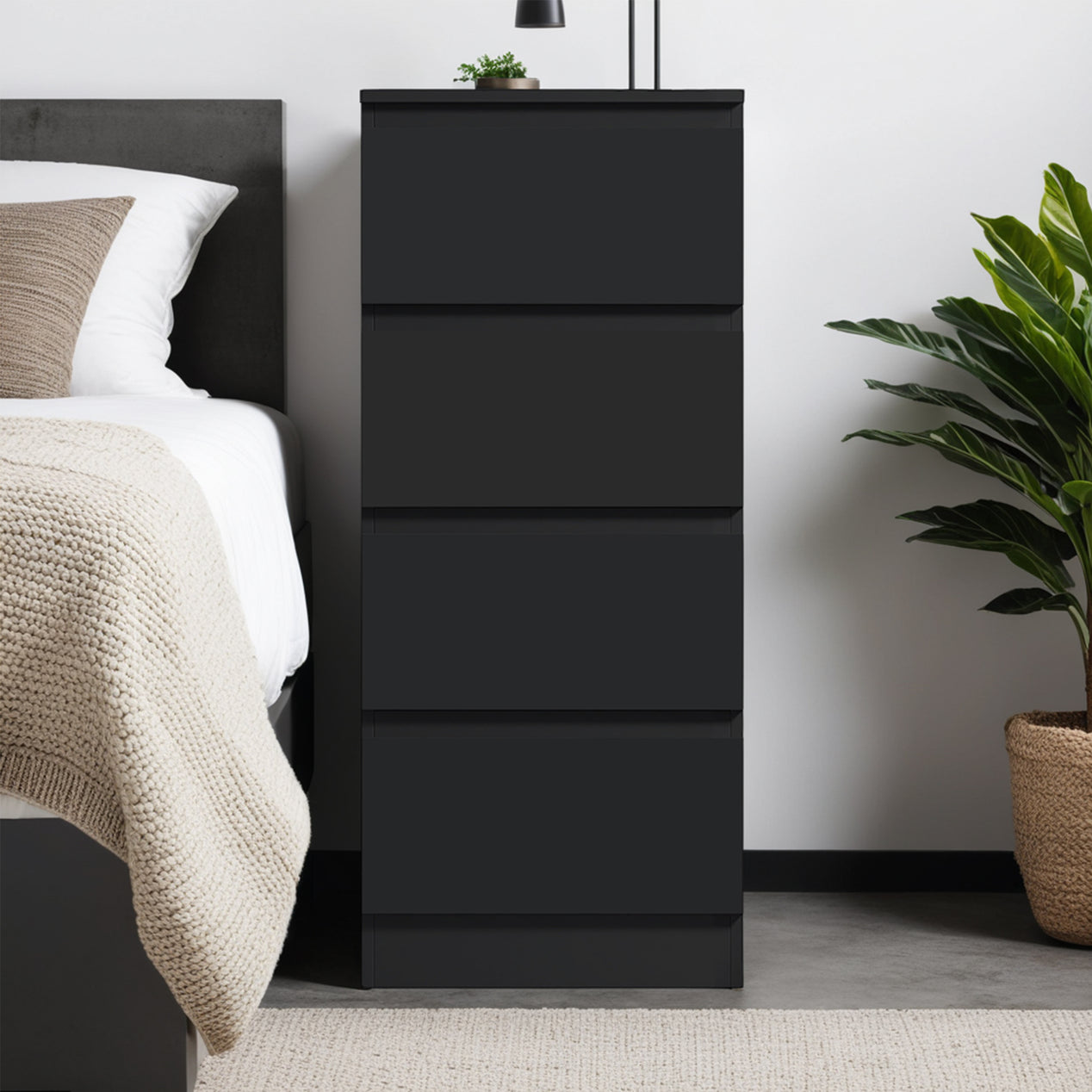 FWStyle Carlton 4 Drawer Slim Tallboy Chest of Drawers Matt Black