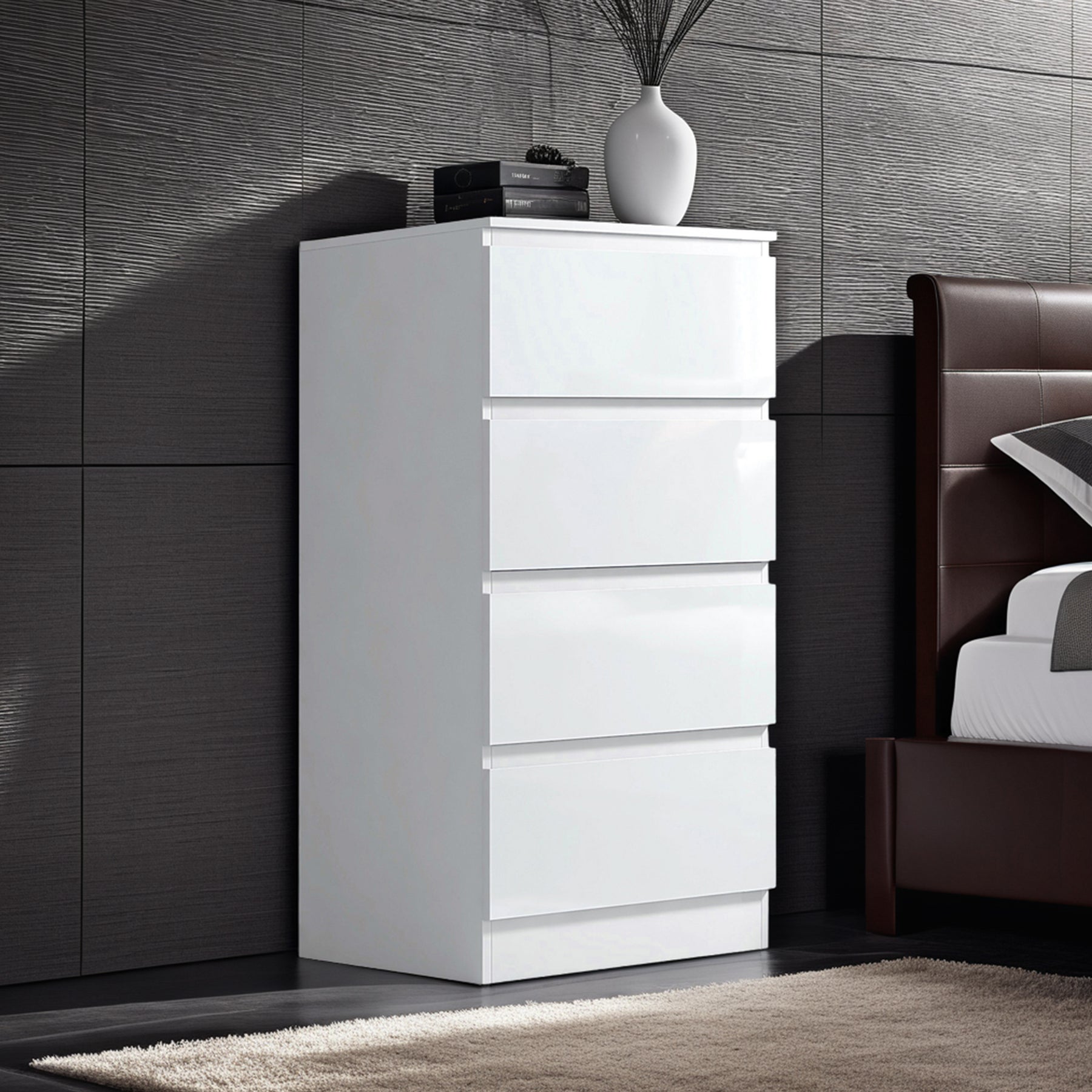 FWStyle Carlton 4 Drawer Slim Tallboy Chest of Drawers White Gloss