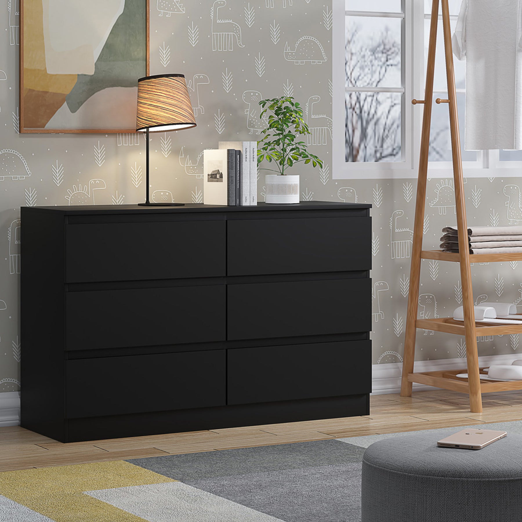 FWStyle Carlton 6 Drawer Wide 3+3 Chest Of Drawers - Matt Black