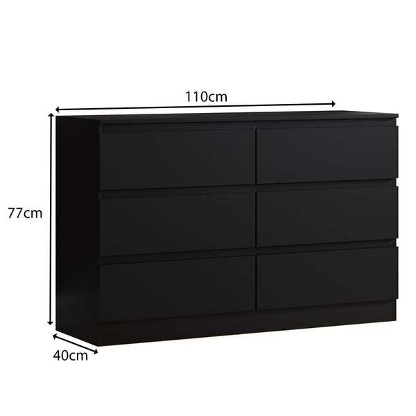 FWStyle Carlton 6 Drawer Wide 3+3 Chest Of Drawers - Matt Black