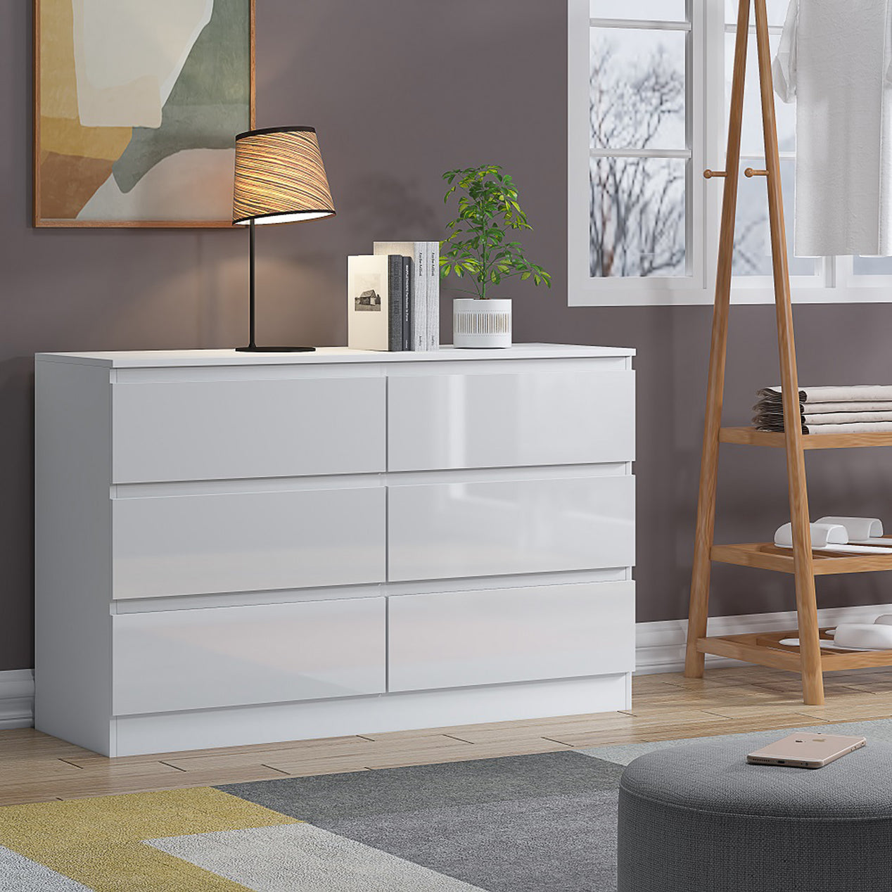 FWStyle Carlton 6 Drawer Wide 3+3 Chest Of Drawers - White Gloss Front