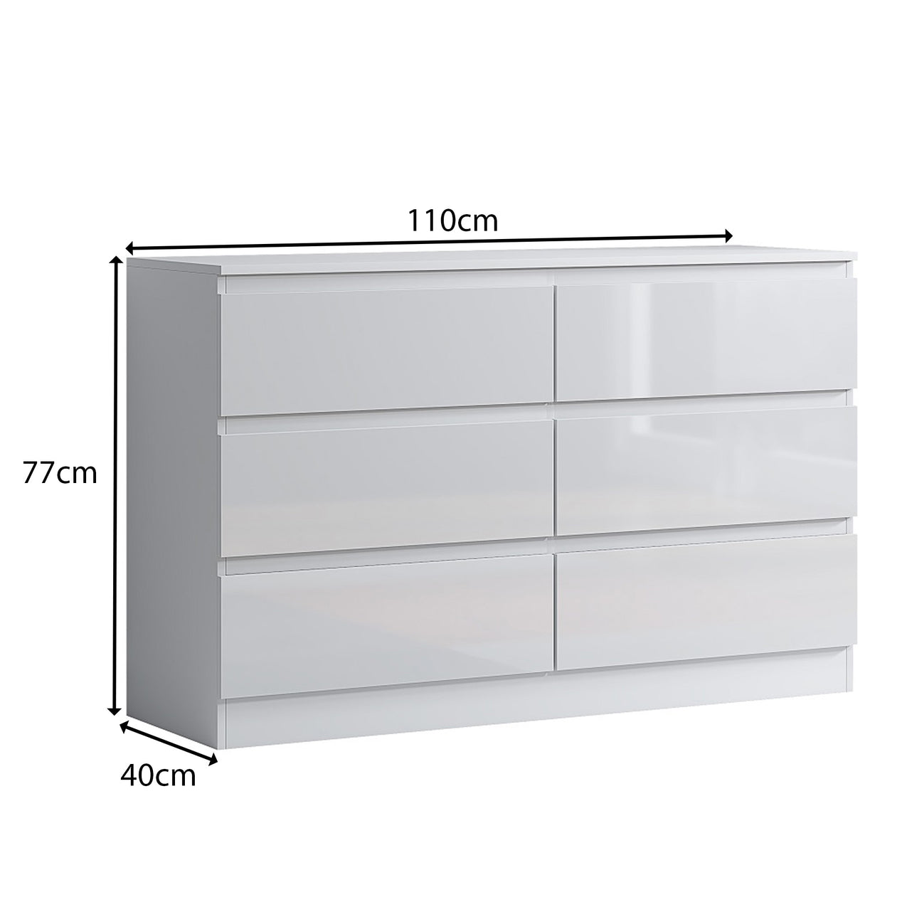 FWStyle Carlton 6 Drawer Wide 3+3 Chest Of Drawers - White Gloss Front