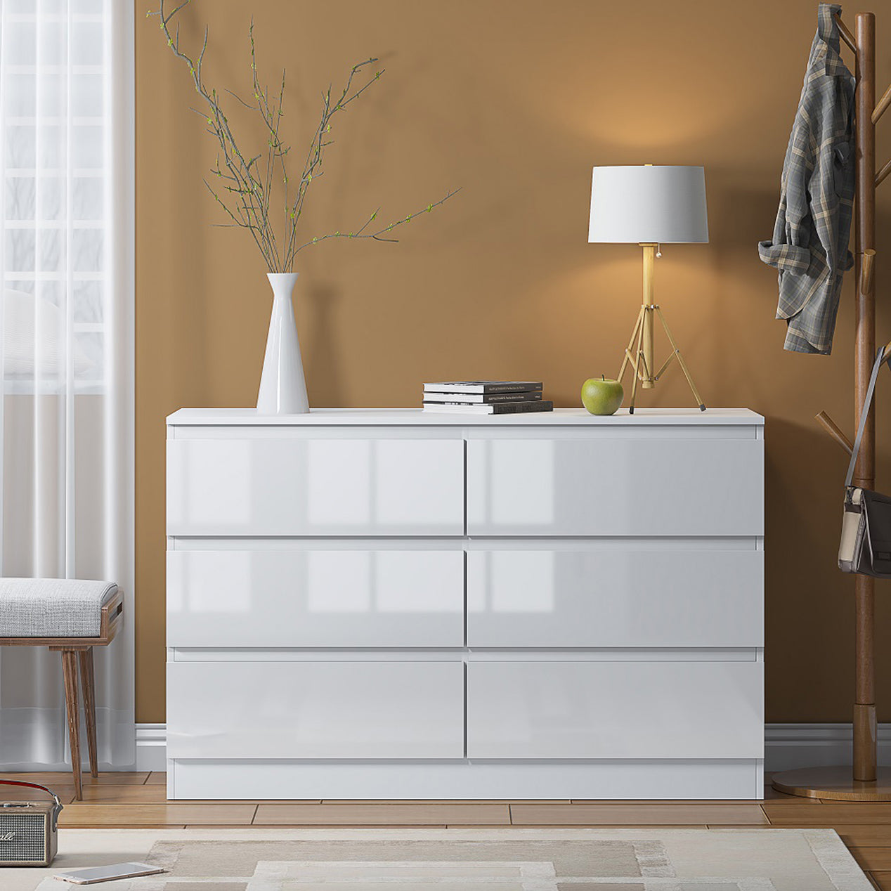 FWStyle Carlton 6 Drawer Wide 3+3 Chest Of Drawers - White Gloss Front