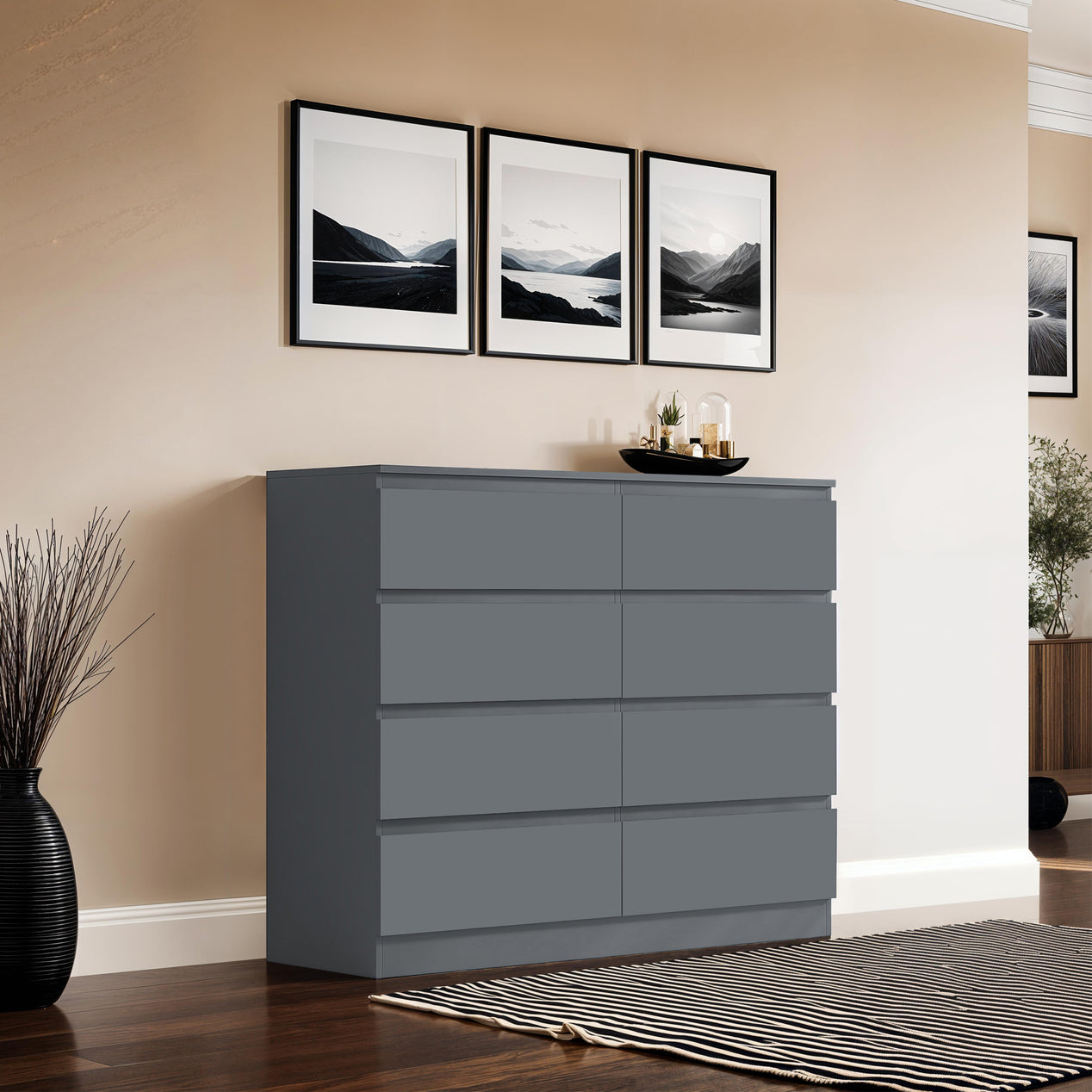 FWStyle Carlton 8 Drawer Wide 4+4 Chest of Drawers - Matt Dark Grey