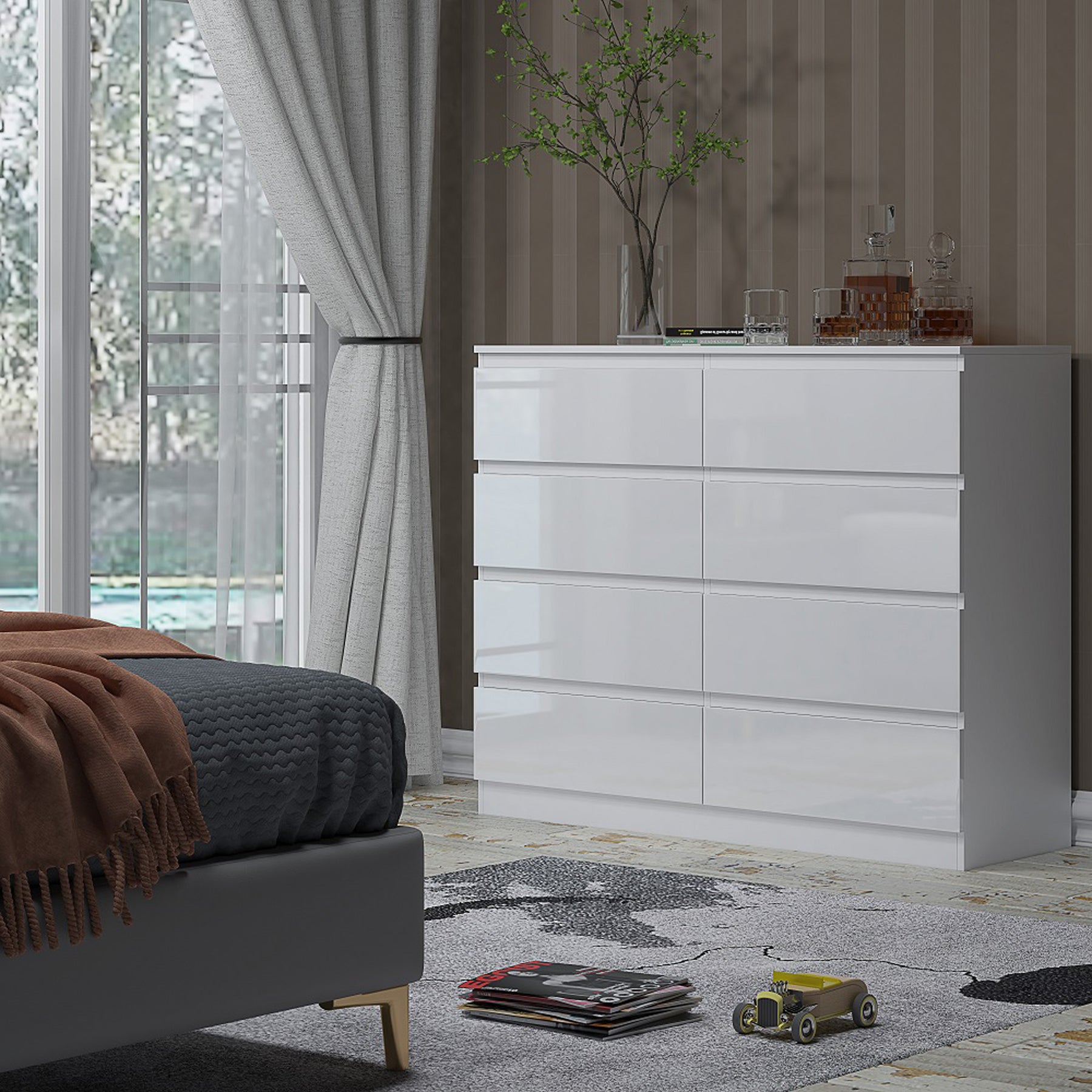FWStyle Carlton 8 Drawer Wide 4+4 Chest Of Drawers - White Gloss Front