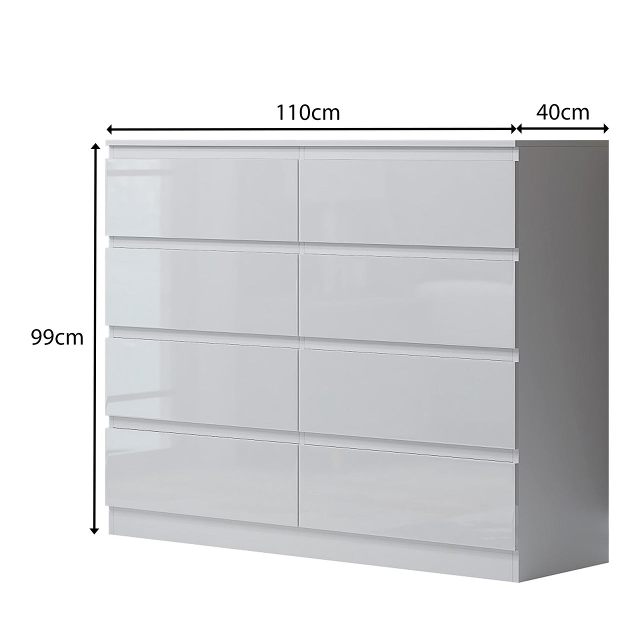 FWStyle Carlton 8 Drawer Wide 4+4 Chest Of Drawers - White Gloss Front