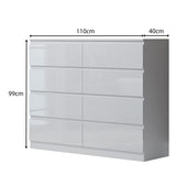 FWStyle Carlton 8 Drawer Wide 4+4 Chest Of Drawers - White Gloss Front