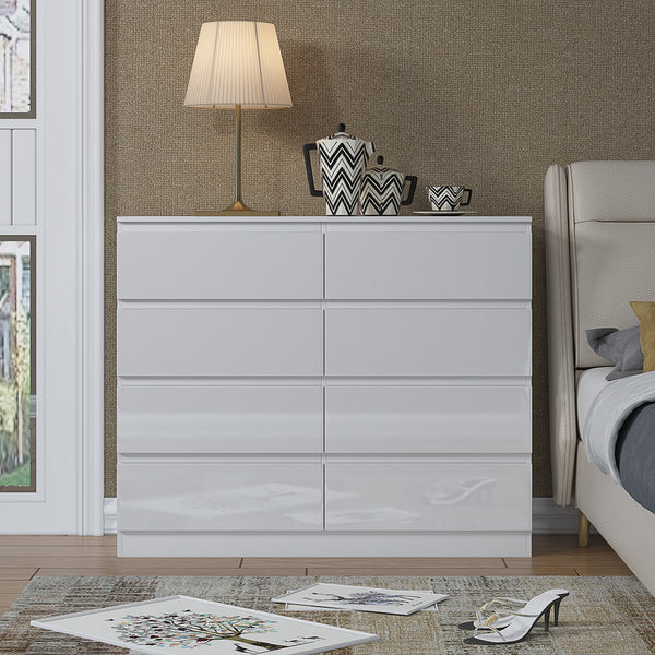 FWStyle Carlton 8 Drawer Wide 4+4 Chest Of Drawers - White Gloss Front