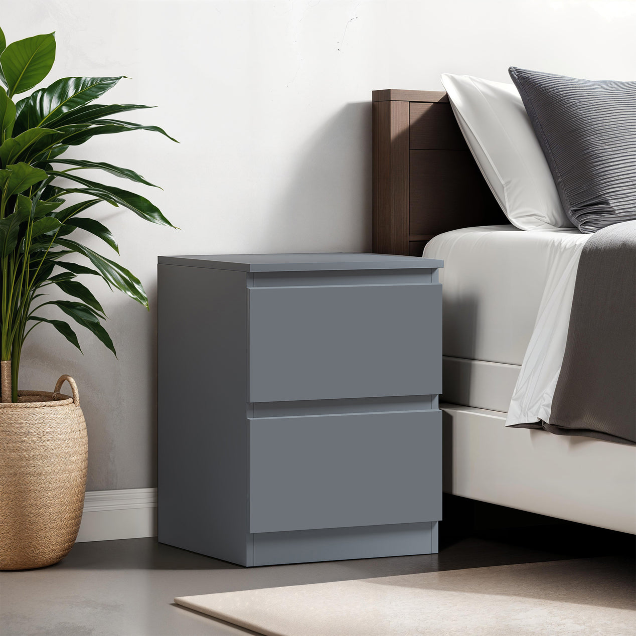 FWStyle Carlton 2 Drawer Bedside Nightstand - Matt Dark Grey