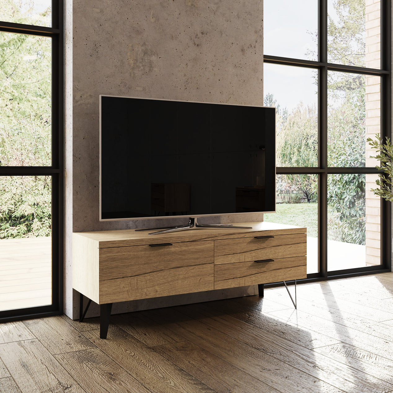 FWStyle Fisso 3 Drawer Compact TV Unit Cracked Oak - Quick Click Assembly