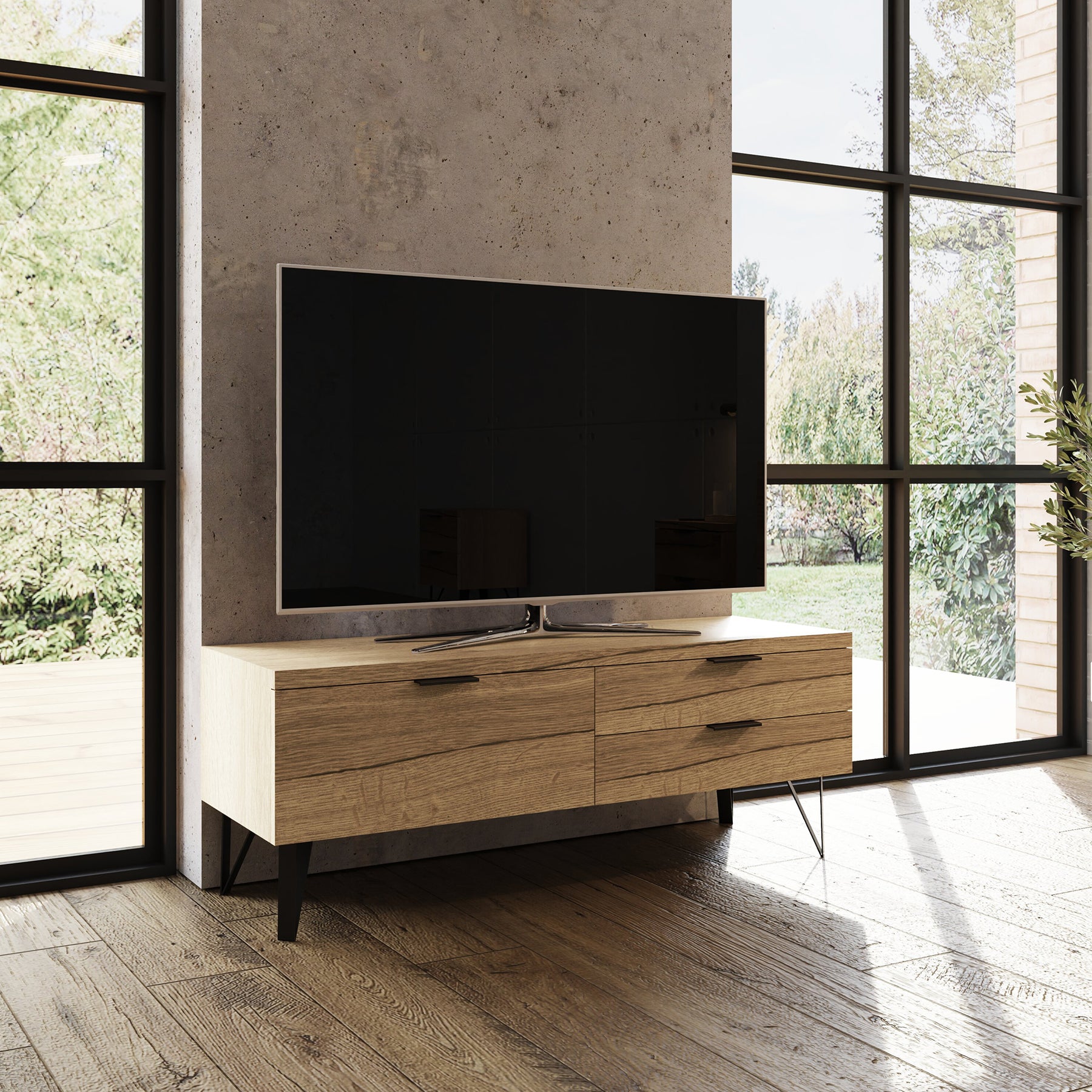 FWStyle Fisso 3 Drawer Compact TV Unit Cracked Oak - Quick Click Assembly