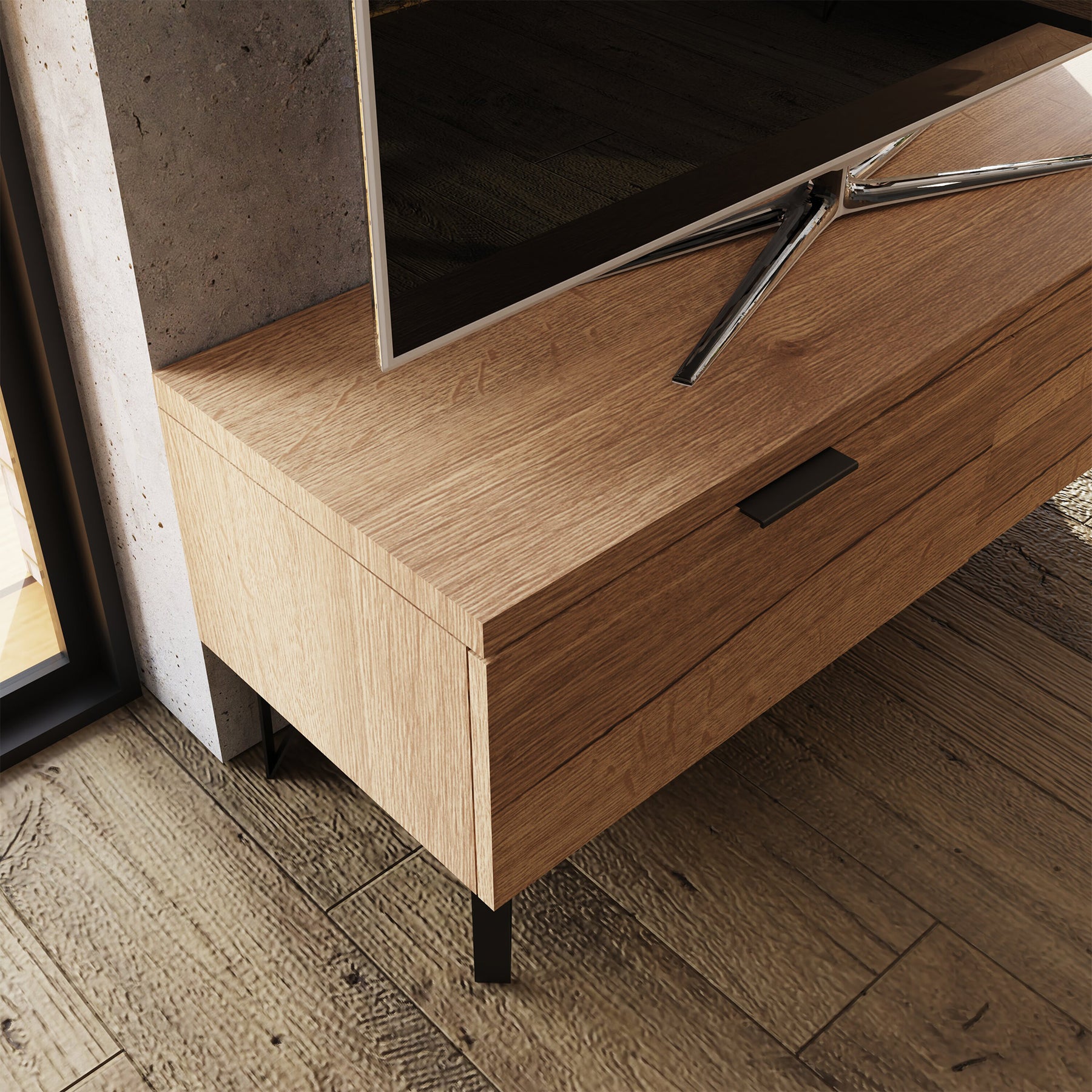 FWStyle Fisso 3 Drawer Compact TV Unit Cracked Oak - Quick Click Assembly
