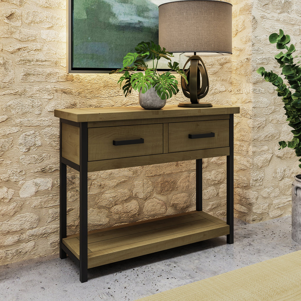 Lowry 2 Drawer Console Table Driftwood Lacquered Solid Reclaimed Pine