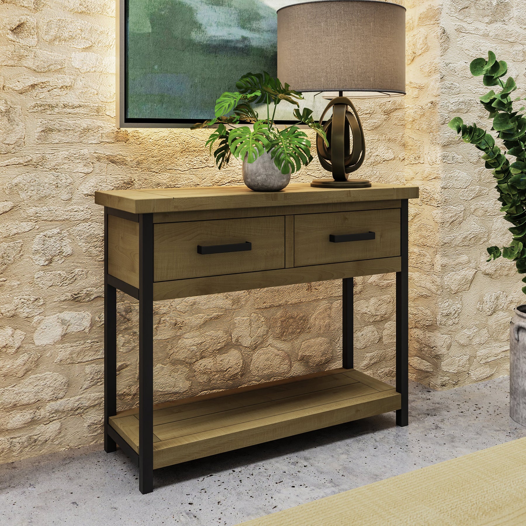 Lowry 2 Drawer Console Table Driftwood Lacquered Solid Reclaimed Pine
