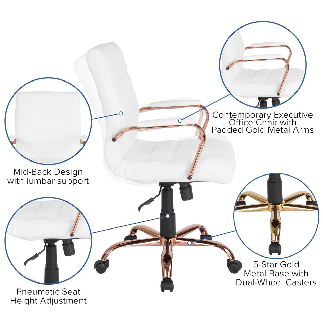 White & Rose Gold Faux Leather Low Back Designer Office Chair