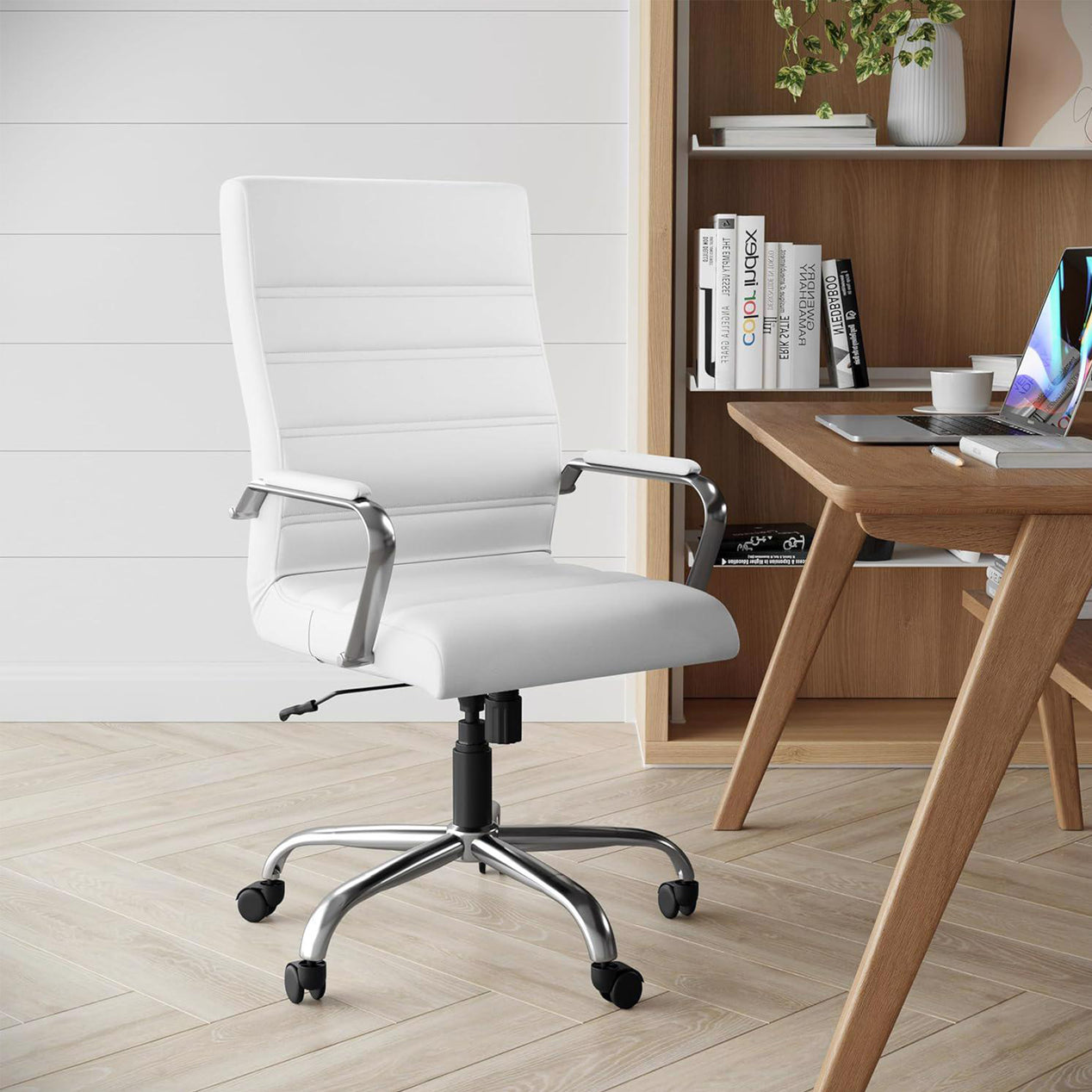 White & Chrome Faux Leather Low Back Designer Office Chair