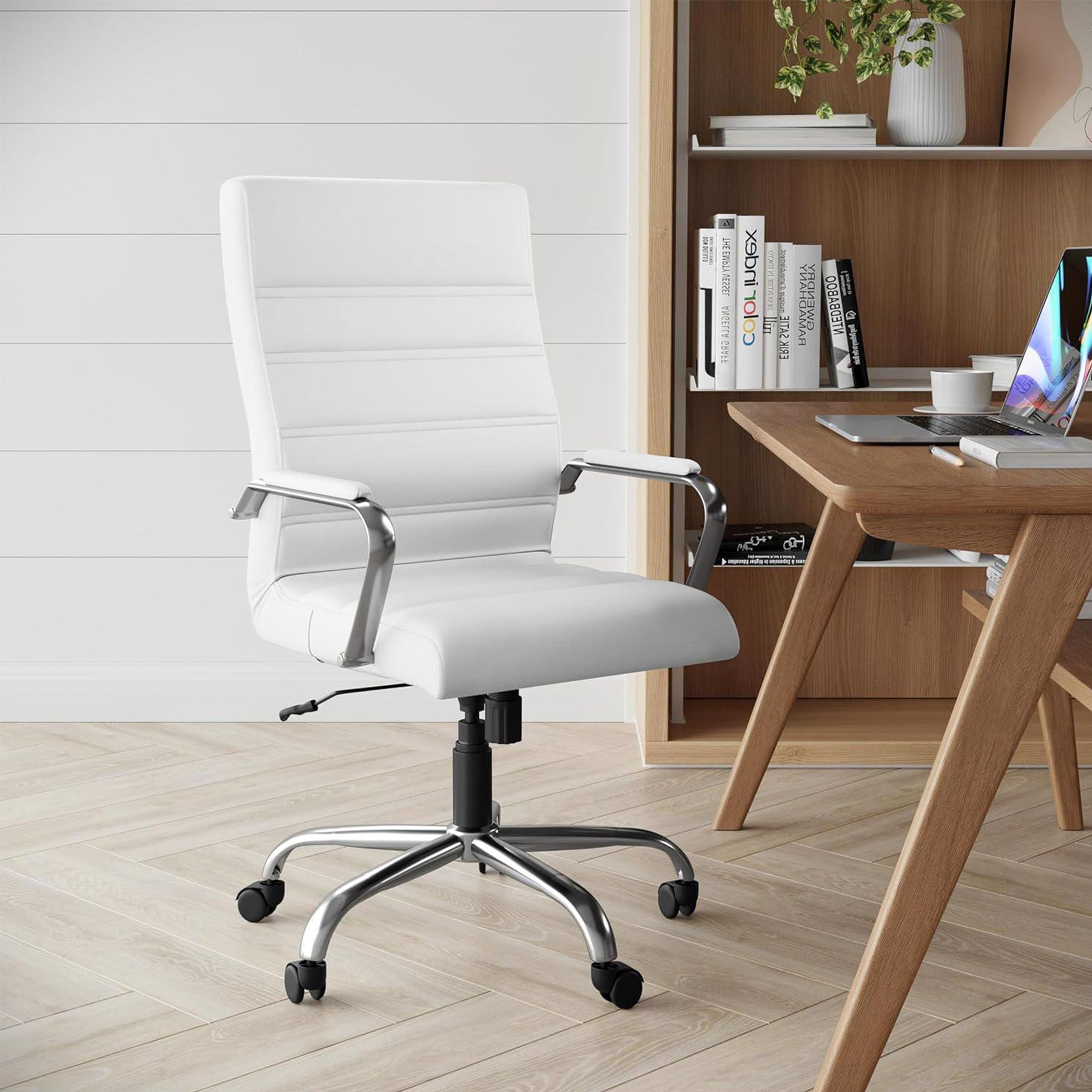 White & Chrome Faux Leather Low Back Designer Office Chair