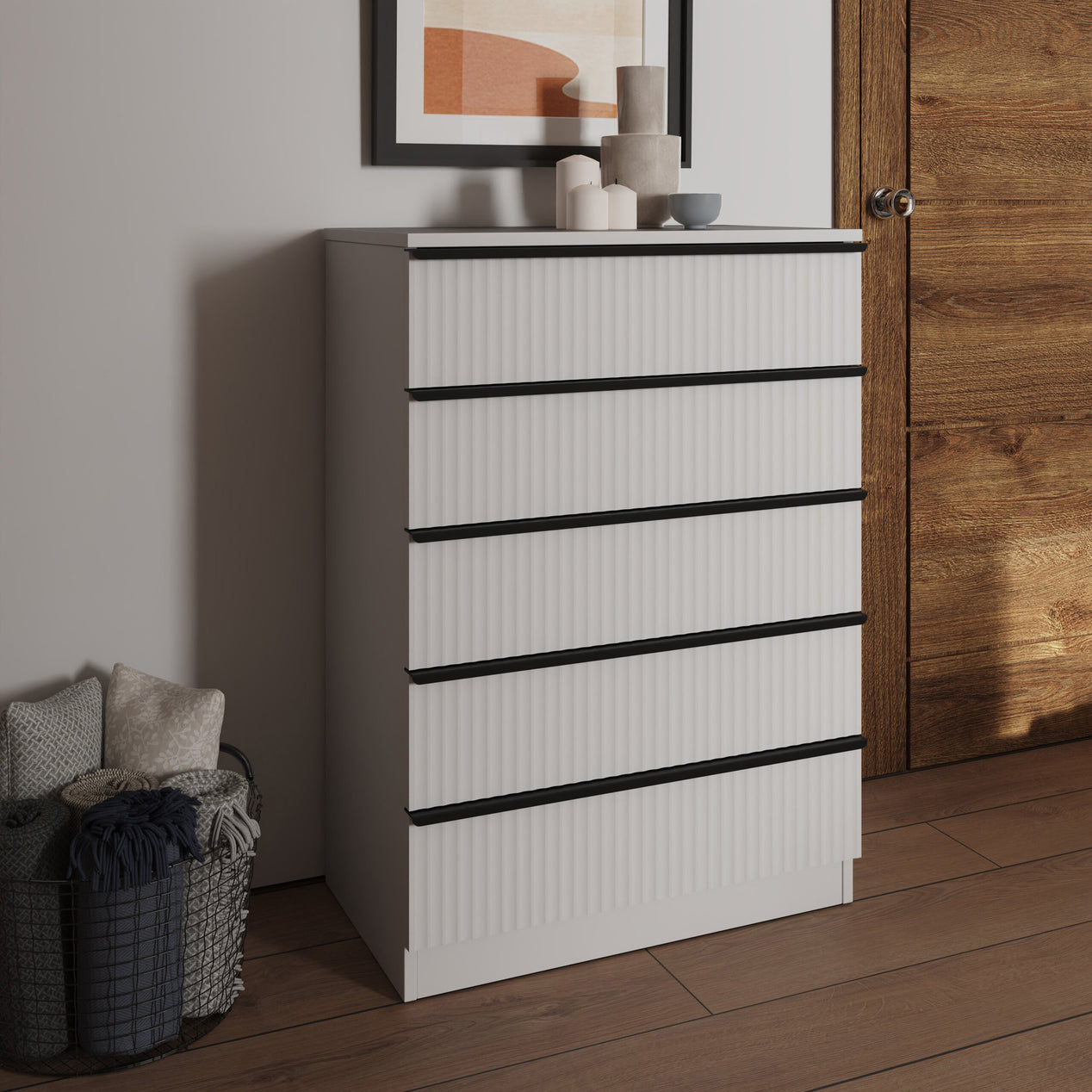 FWStyle Lania Ripple Ridged 5 Drawer Chest Of Drawers Matt White