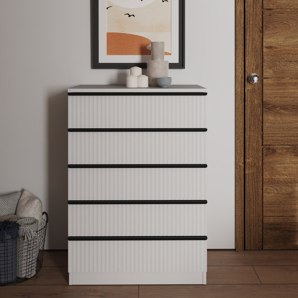 FWStyle Lania Ripple Ridged 5 Drawer Chest Of Drawers Matt White