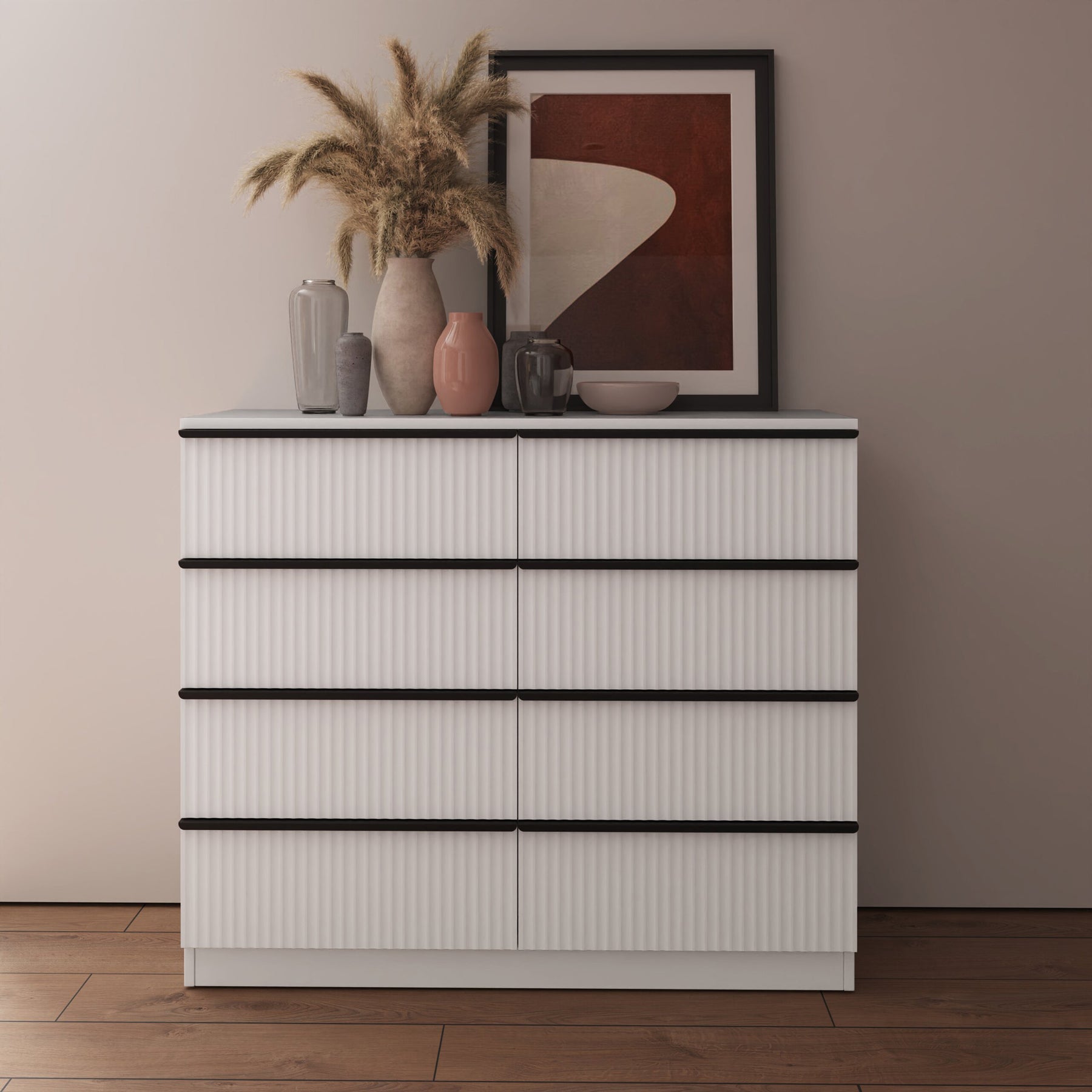FWStyle Lania Ripple Ridged 8 Drawer Chest Of Drawers Matt White