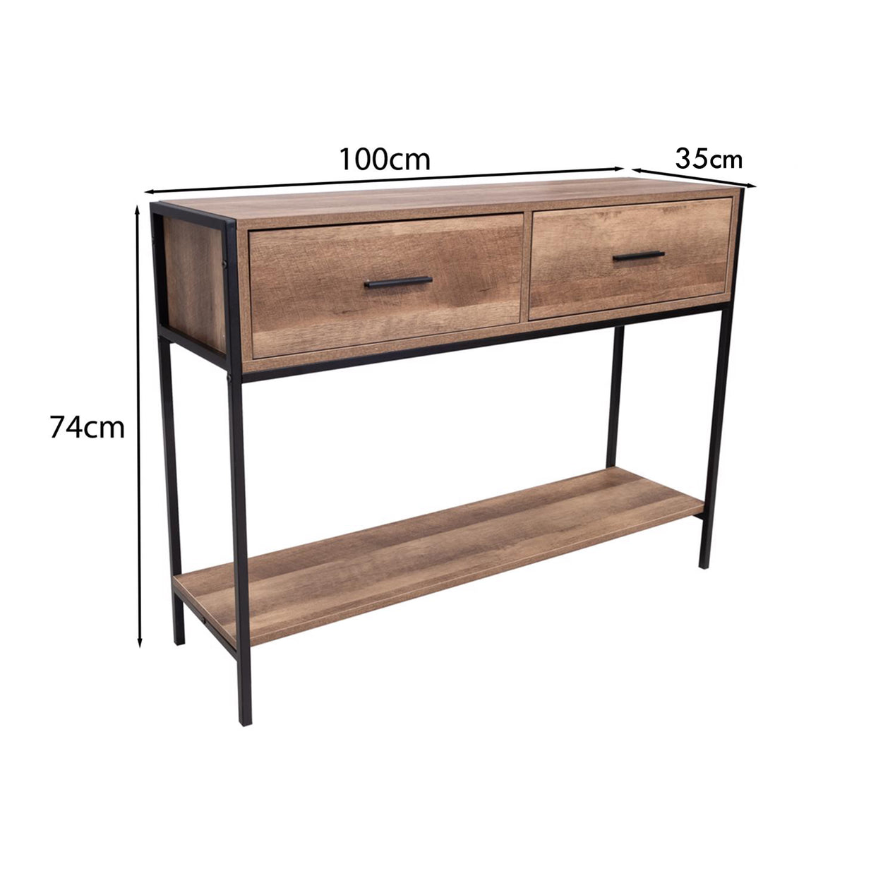 FWStyle Loft Industrial 2 Drawer Console Table Wood Effect Black Metal Frame