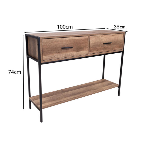 FWStyle Loft Industrial 2 Drawer Console Table Wood Effect Black Metal Frame
