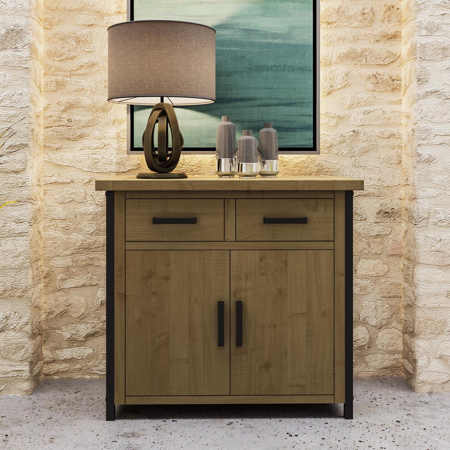 Lowry 2 Door 2 Drawer Compact Sideboard Driftwood Lacquered Solid Reclaimed Pine