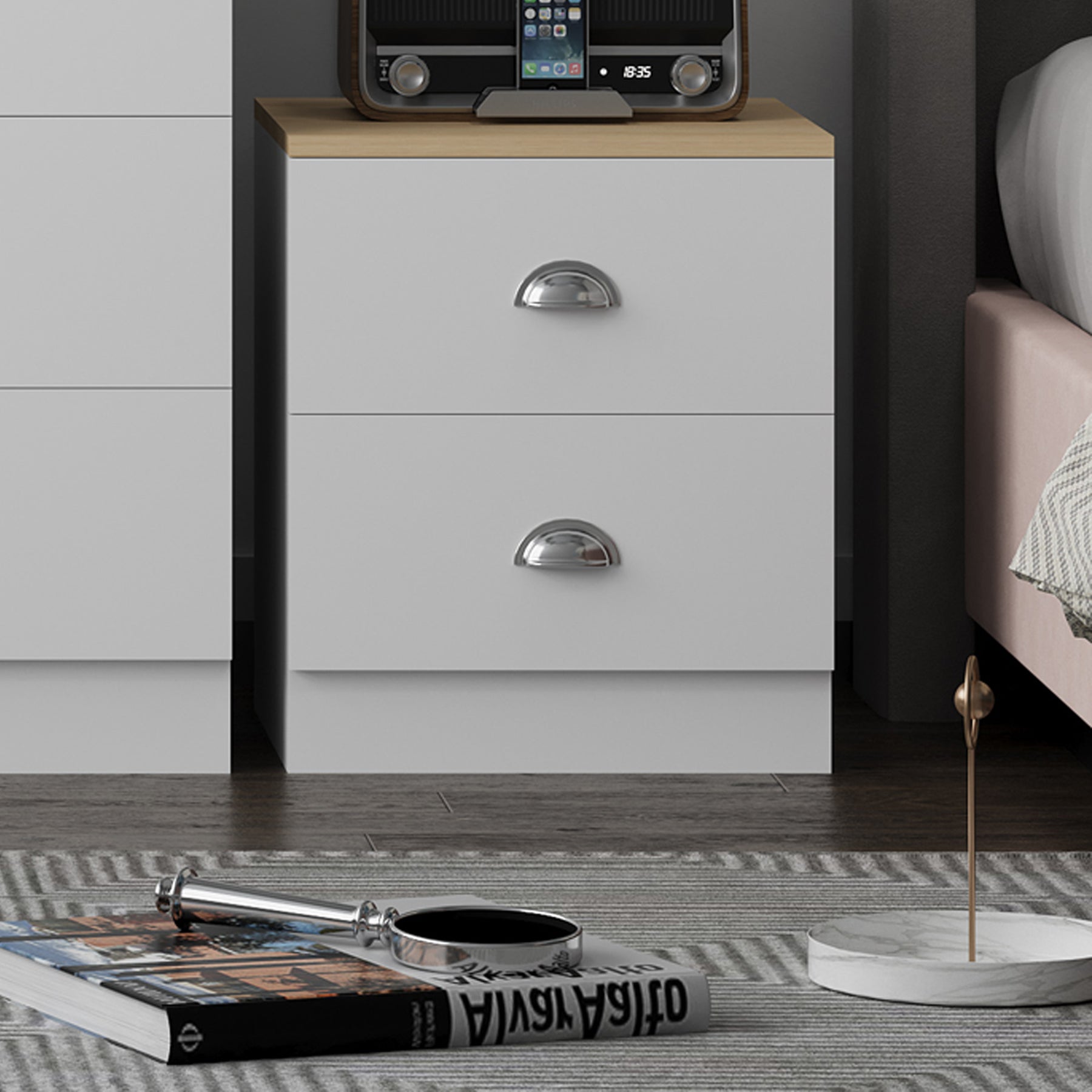 FWStyle Esher 2 Drawer Bedside Table Matt White With Oak Top