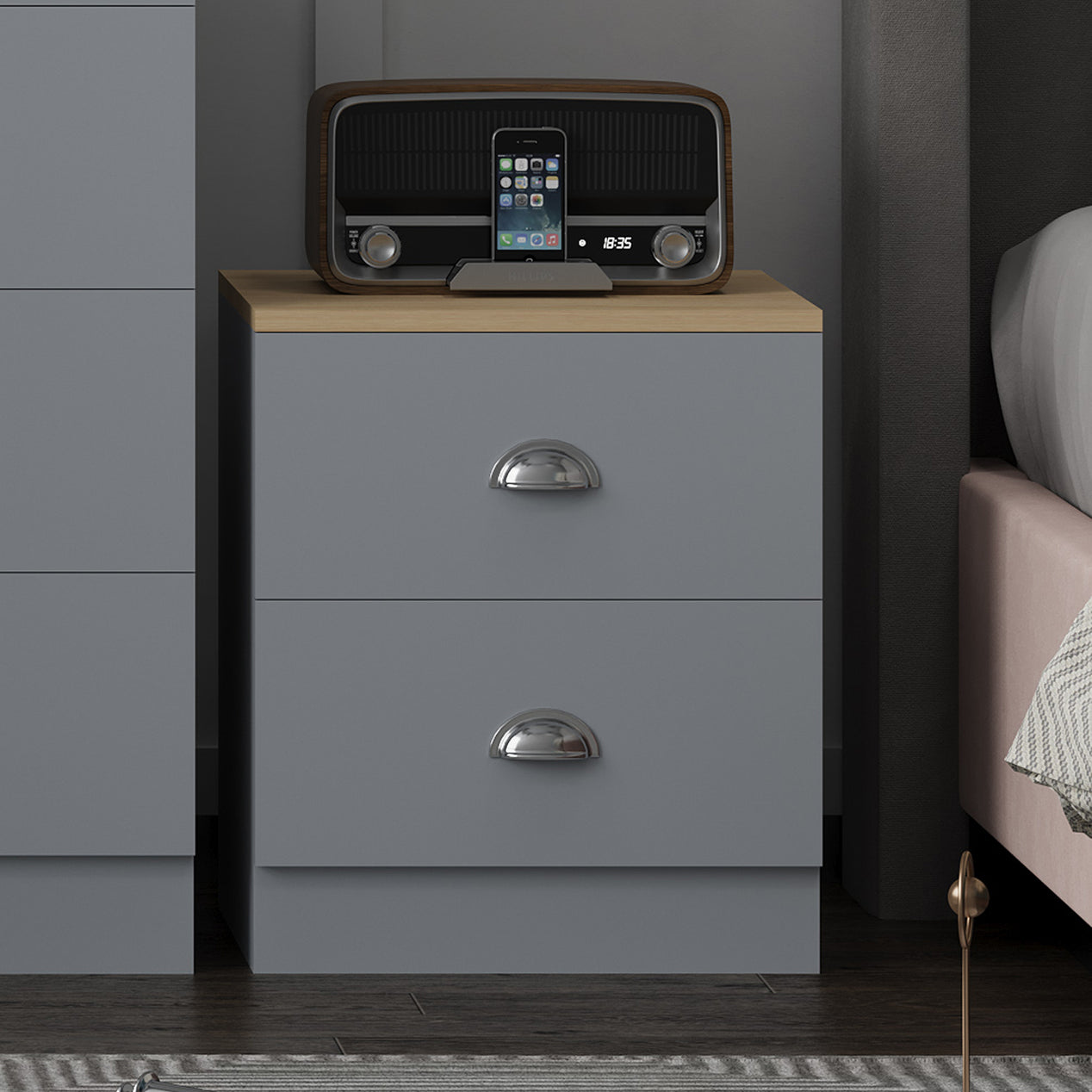 FWStyle Esher 2 Drawer Bedside Table Matt Grey With Oak Top