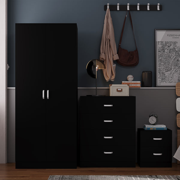 FWStyle Tunis 3 Piece Bedroom Furniture Set - Matt Black - Wardrobe + Chest + Bedside