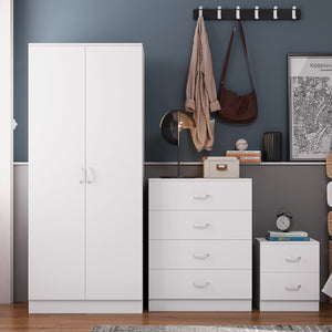 FWStyle Tunis 3 Piece Bedroom Furniture Set - Matt White - Wardrobe + Chest + Bedside