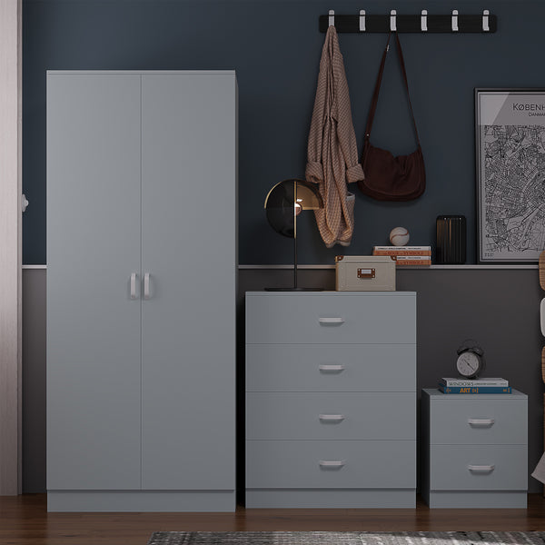 FWStyle Tunis 3 Piece Bedroom Furniture Set - Matt Grey - Wardrobe + Chest + Bedside