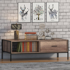FWStyle Loft Industrial Coffee Table With Storage Wood Effect Black Metal Frame