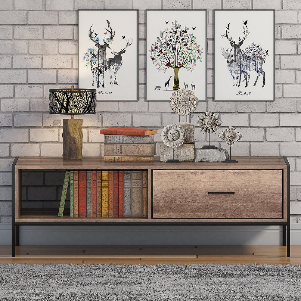 FWStyle Loft Industrial Coffee Table With Storage Wood Effect Black Metal Frame